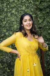 Yellow Angarkha Blossoms Calf Length Dress