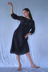 Crushed Cotton Knee Length Black Balloon Dress