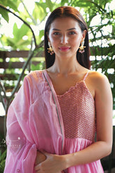 Pink Spaghetti Strap Anarkali Kurta Pant Suit Set
