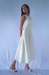 Cream A_line Calf Length Dress