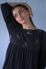 Crushed Cotton Knee Length Black Balloon Dress