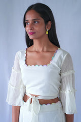 White Crushed Cotton Crop Top And Skirt