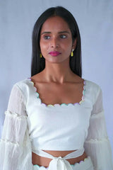 White Crushed Cotton Crop Top And Skirt