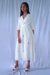 White Crushed Cotton Dress with Collar