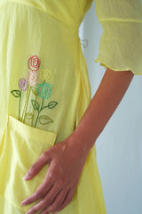 Yellow Floral Crushed Cotton Fit And Flare Dress