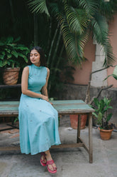 Turquoise Blue Jamdani Halter Crop Top and Skirt Co-ord Set