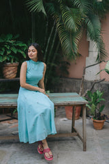 Turquoise Blue Jamdani Halter Crop Top and Skirt Co-ord Set