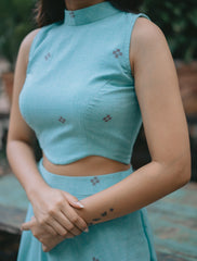 Turquoise Blue Jamdani Halter Crop Top and Skirt Co-ord Set