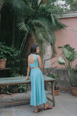Turquoise Blue Jamdani Halter Crop Top and Skirt Co-ord Set