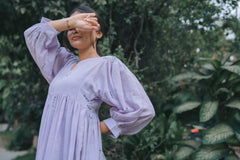 Lilac Jamdani Oversized Dress with Balloon Sleeves