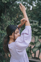 Lilac Jamdani Oversized Dress with Balloon Sleeves