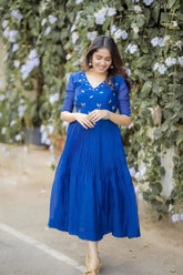 Midnight Blue Blossoms Chanderi Calf Length Dress