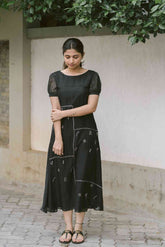 Black Handloom Blossoms 2.0 Chanderi Calf Length Dress