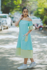 Blue Yellow Off Shoulder Calf Length Dress