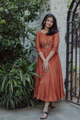 Brown Blossoms Chanderi Calf Length Dress