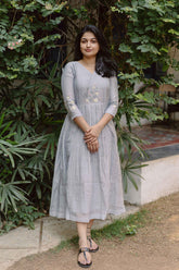 Grey Blossoms Calf Length Dress With 3/4 Sleeves