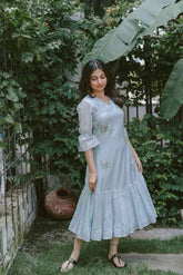 Greyish Blue Chanderi 3/4th Sleeved Calf Length Dress