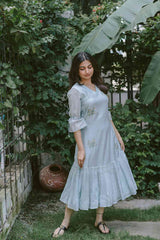 Greyish Blue Chanderi 3/4th Sleeved Calf Length Dress