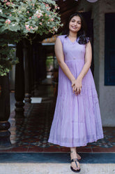 Lilac Blossoms Chanderi Calf Length Dress