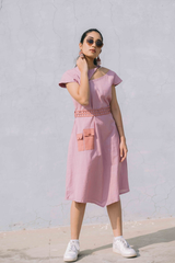 Mauve Knee Length Dress With Cutwork Belt