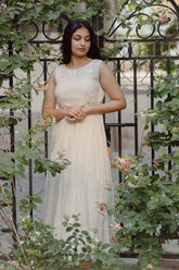 Off White Blossoms Calf Length Sleeveless Dress