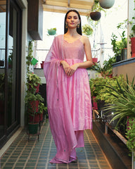 Pink Spaghetti Strap Anarkali Kurta Pant Suit Set