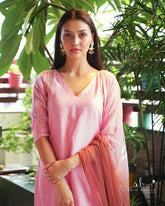 Pink Mul Chanderi Slit Kurti with Pant and Dupatta