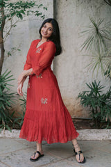 Red Blossoms Calf Length Dress With 3/4th Sleeves