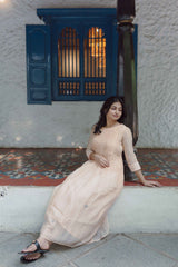 Salmon Colour Blossoms Calf Length Dress With 3/4th Sleeves