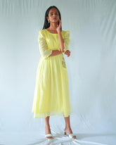 Yellow Floral Crushed Cotton Fit And Flare Dress