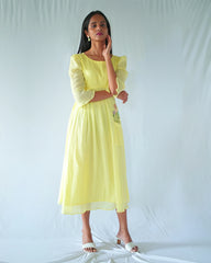 Yellow Floral Crushed Cotton Fit And Flare Dress