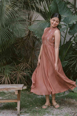 Brown Halter Neck Blossoms 2.0 Chanderi Calf Length Dress