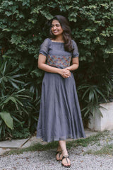 Grey Scallop Blossoms 2.0 Chanderi Calf_Length Dress