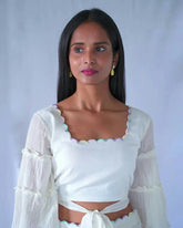 White Crushed Cotton Crop Top And Skirt