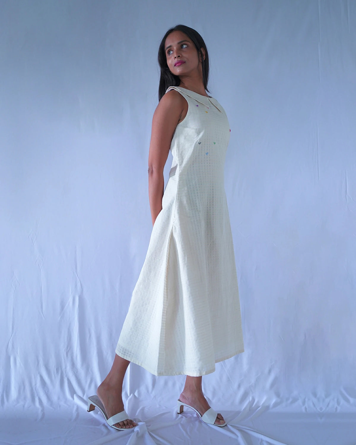 Cream A_line  Calf Length Dress