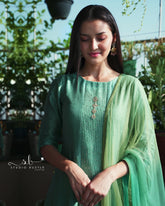 Blue Mul Chanderi Kurti Set With Organza Ombre Dupatta