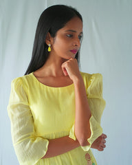 Yellow Floral Crushed Cotton Fit And Flare Dress