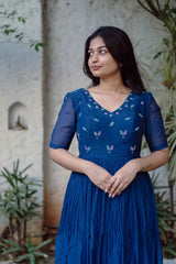 Midnight Blue Blossoms Chanderi Calf Length Dress