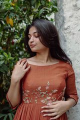 Brown Blossoms Chanderi Calf Length Dress