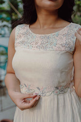 Off White Blossoms Calf Length Sleeveless Dress