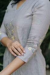 Grey Blossoms Calf Length Dress With 3/4 Sleeves