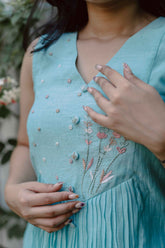 Blue Blossoms Chanderi Calf Length Dress