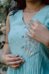 Blue Blossoms Chanderi Calf Length Dress