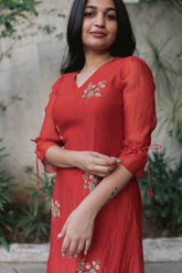 Red Blossoms Calf Length Dress With 3/4th Sleeves