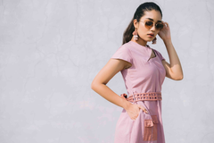 Mauve Knee Length Dress With Cutwork Belt