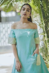 Blue Yellow Off Shoulder Calf Length Dress