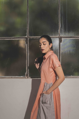 Peach Grey Calf Length Dress with Collar