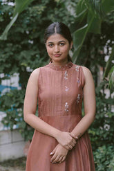 Brown Halter Neck Blossoms 2.0 Chanderi Calf Length Dress