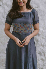 Grey Scallop Blossoms 2.0 Chanderi Calf_Length Dress