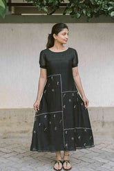 Black Handloom Blossoms 2.0 Chanderi Calf Length Dress